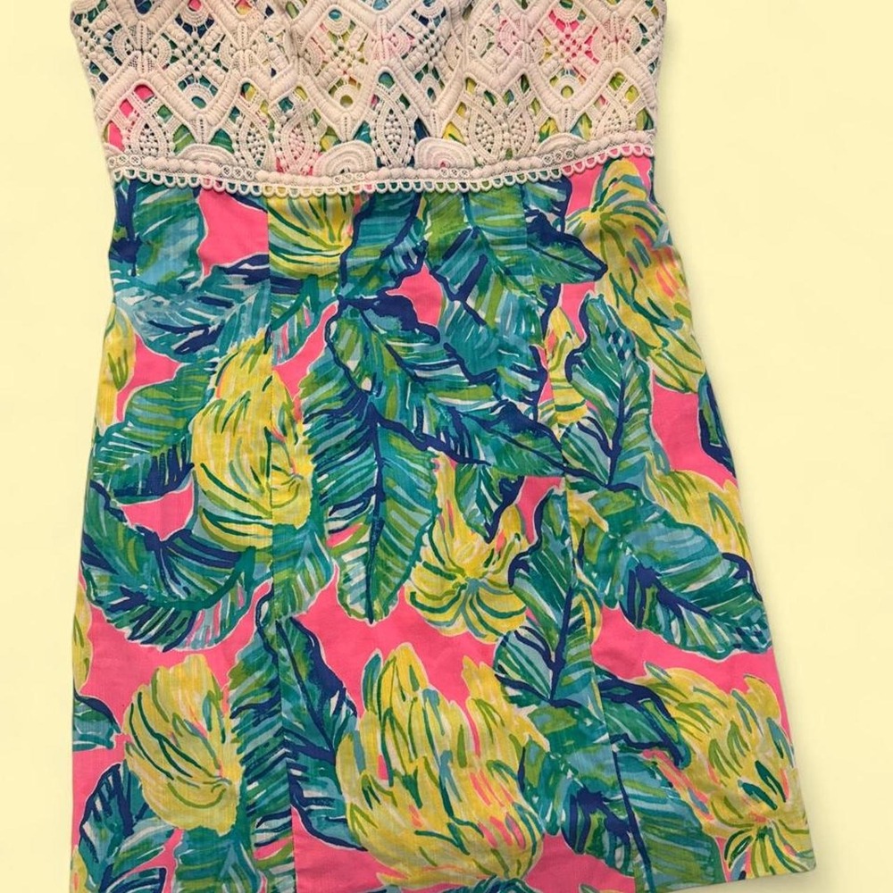 Lilly Pulitzer pink, green, and yellow banana leaf print dress with white lacE